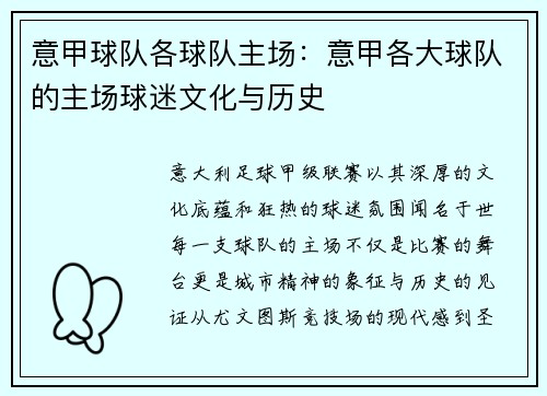 意甲球队各球队主场：意甲各大球队的主场球迷文化与历史