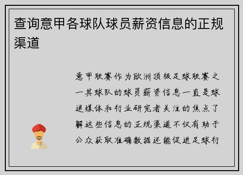 查询意甲各球队球员薪资信息的正规渠道