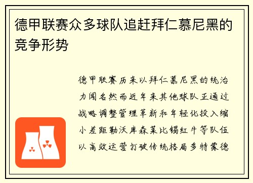 德甲联赛众多球队追赶拜仁慕尼黑的竞争形势